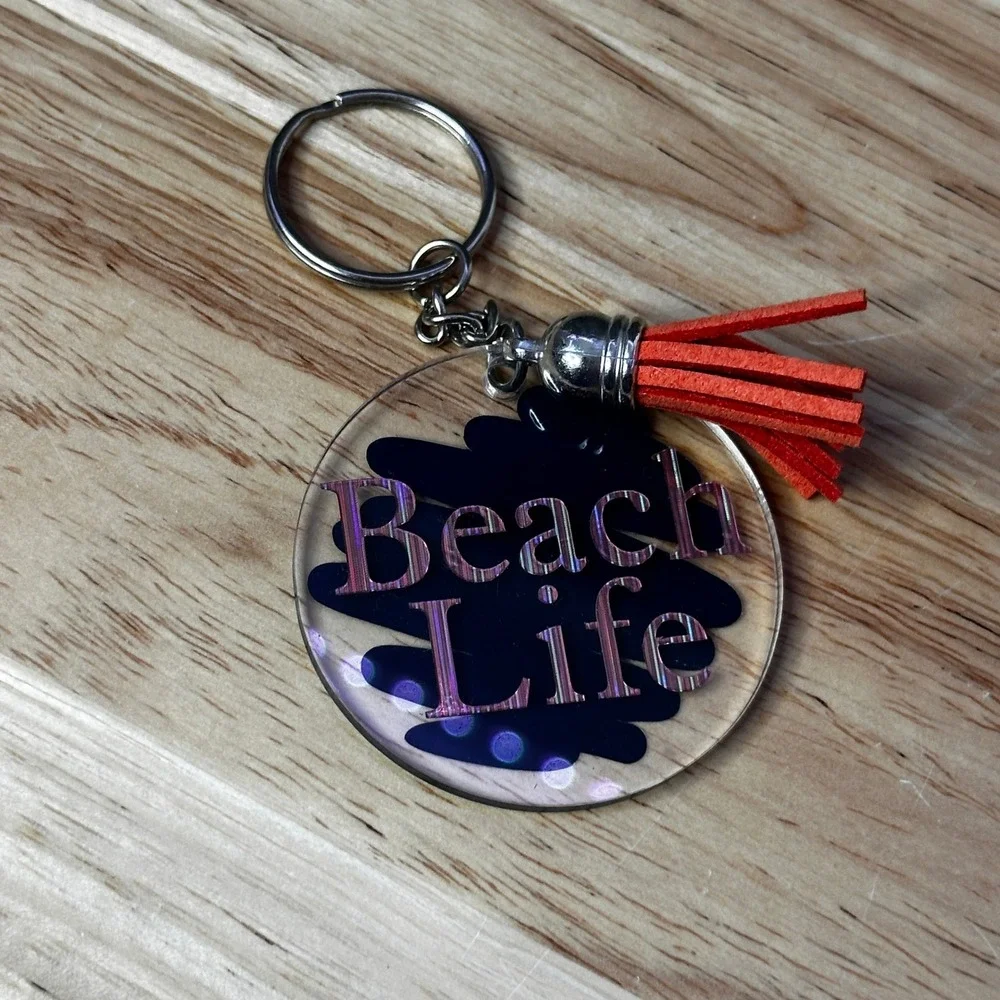 Handcrafted Beach Life Holographic Acrylic Keychain with Orange Tassel Coastal